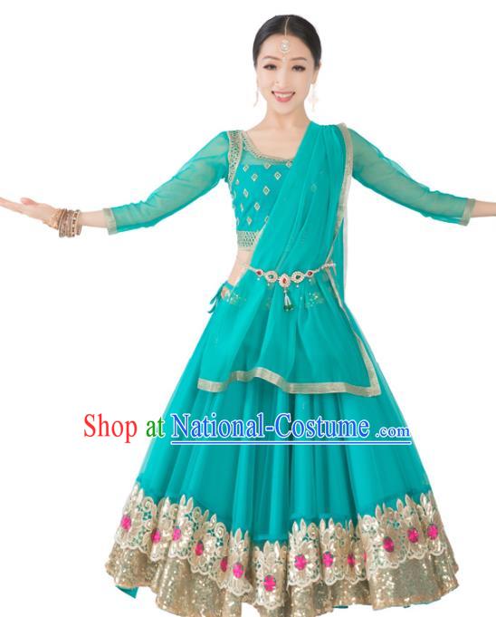 Asian India Bollywood Dance Clothing Indian Traditional Folk Dance Lehenga Blue Blouse and Dress