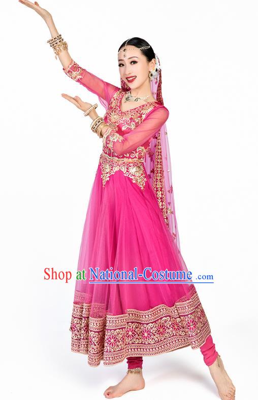 Asian India Bollywood Stage Performance Clothing Indian Traditional Dance Embroidered Rosy Anarkali Dress and Pants