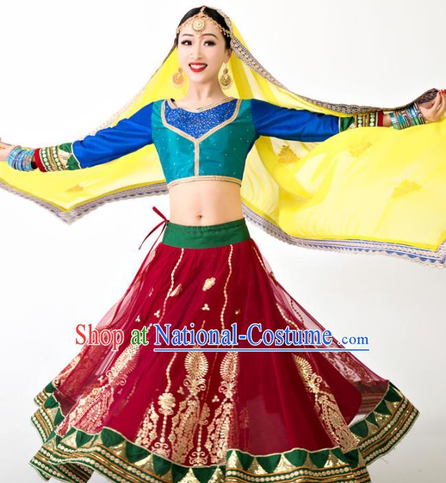 Indian Blue Top and Red Skirt Asian India Bollywood Dance Clothing Traditional Lehenga Clothing