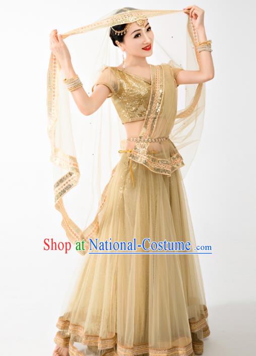 Asian India Bollywood Princess Clothing Traditional Lehenga Clothing Indian Golden Top and Veil Skirt