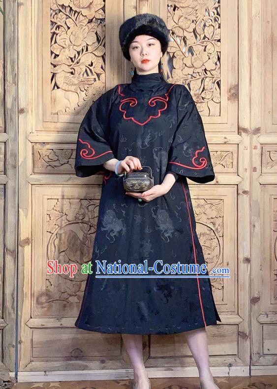 China Black Silk Qipao Dress Traditional Women Embroidered Clothing Classical Wide Sleeve Cheongsam