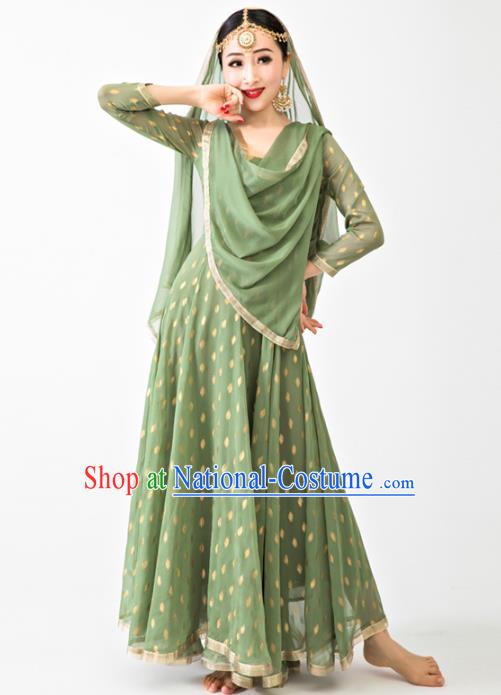 Asian Traditional Folk Dance Clothing Indian Stage Performance Green Dress India Anarkali Uniforms