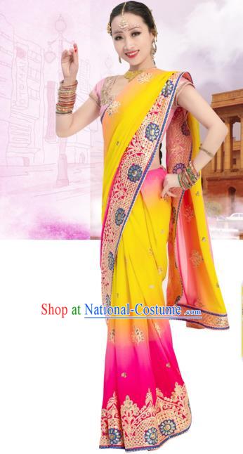 Asian India Traditional Folk Dance Clothing Indian Stage Performance Pink Blouse and Sari Dress