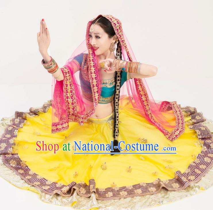 Asian India Traditional Lehenga Clothing Indian Bollywood Dance Stage Performance Blue Blouse and Yellow Skirt