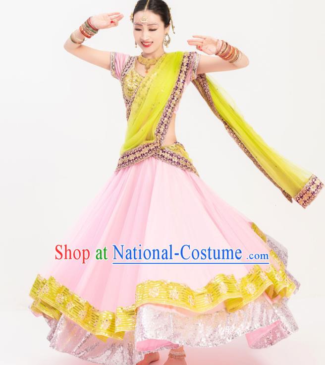 Indian Bollywood Dance Stage Performance Blouse and Pink Skirt Asian India Traditional Lehenga Clothing