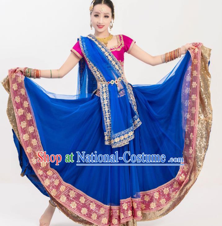 Asian India Traditional Bollywood Dance Lehenga Clothing Indian Stage Performance Rosy Blouse and Royalblue Skirt