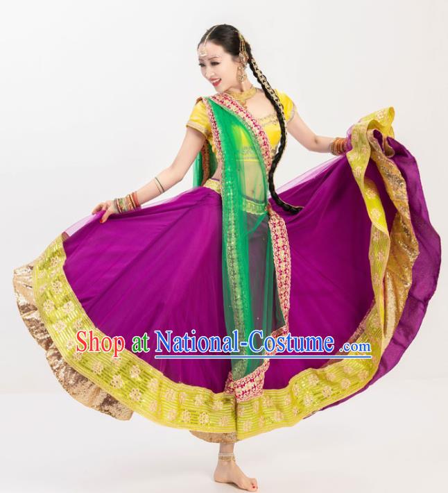 Asian India Lehenga Clothing Indian Stage Performance Yellow Blouse and Purple Skirt Traditional Bollywood Dance Costumes