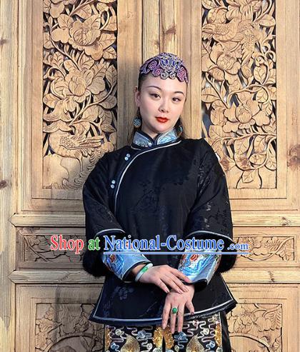 Chinese Traditional Tang Suit Outer Garment Short Coat Hand Embroidery Black Silk Cotton Wadded Jacket