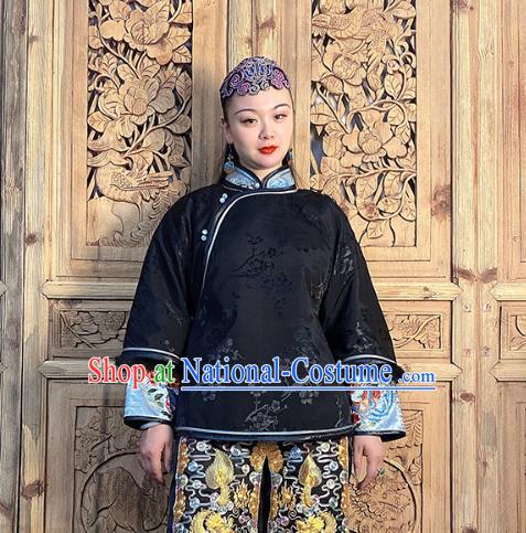 Chinese Traditional Tang Suit Outer Garment Short Coat Hand Embroidery Black Silk Cotton Wadded Jacket