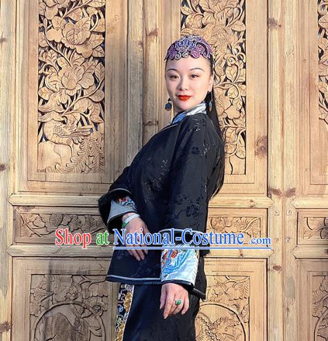 Chinese Traditional Tang Suit Outer Garment Short Coat Hand Embroidery Black Silk Cotton Wadded Jacket