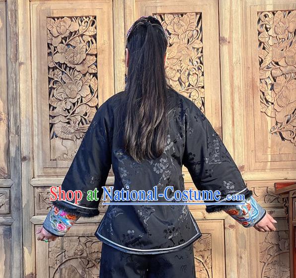 Chinese Traditional Tang Suit Outer Garment Short Coat Hand Embroidery Black Silk Cotton Wadded Jacket