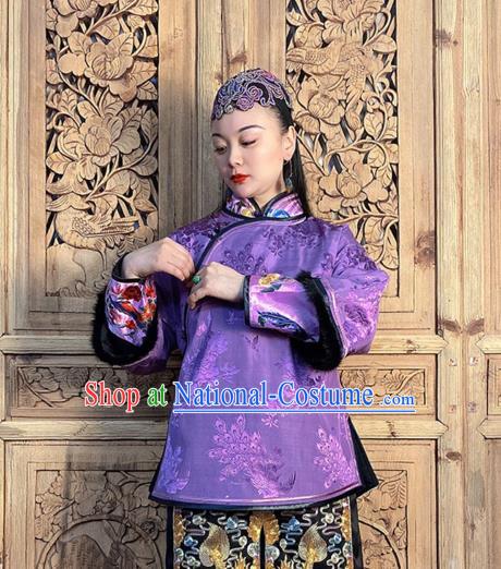 Chinese Hand Embroidery Purple Silk Cotton Wadded Jacket Traditional Tang Suit Outer Garment Short Coat