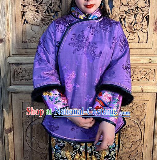 Chinese Hand Embroidery Purple Silk Cotton Wadded Jacket Traditional Tang Suit Outer Garment Short Coat