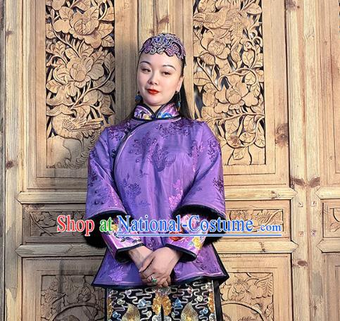 Chinese Hand Embroidery Purple Silk Cotton Wadded Jacket Traditional Tang Suit Outer Garment Short Coat