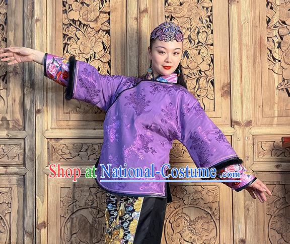 Chinese Hand Embroidery Purple Silk Cotton Wadded Jacket Traditional Tang Suit Outer Garment Short Coat