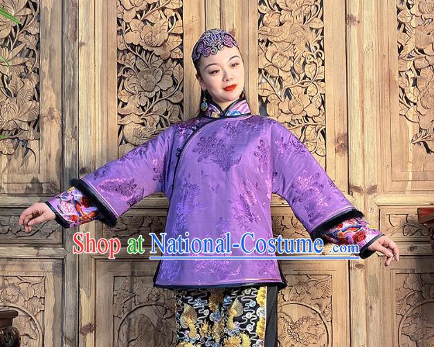 Chinese Hand Embroidery Purple Silk Cotton Wadded Jacket Traditional Tang Suit Outer Garment Short Coat