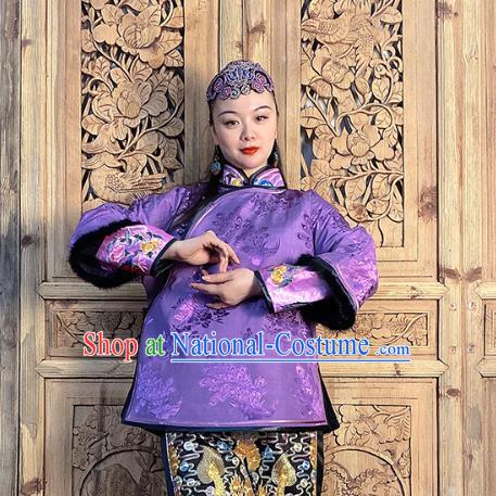 Chinese Hand Embroidery Purple Silk Cotton Wadded Jacket Traditional Tang Suit Outer Garment Short Coat