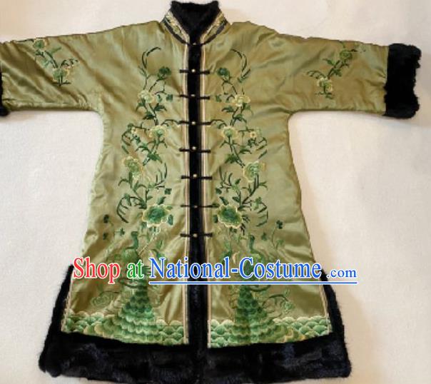 Chinese Light Green Silk Cotton Wadded Coat National Winter Costume Embroidered Peacock Peony Jacket