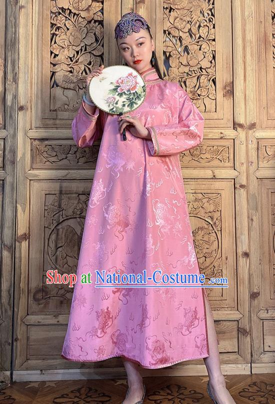 China Classical Loose Cheongsam Traditional Pink Silk Qipao Dress Women Clothing