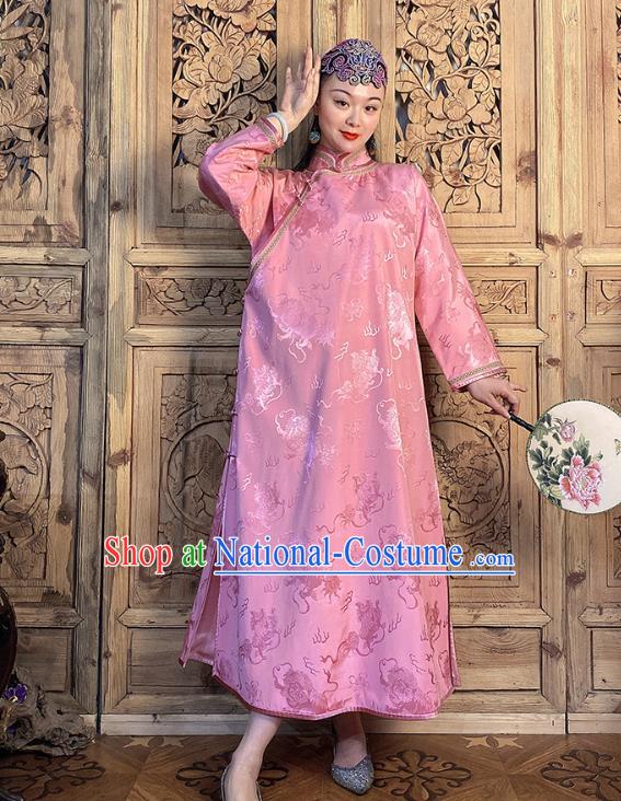 China Classical Loose Cheongsam Traditional Pink Silk Qipao Dress Women Clothing