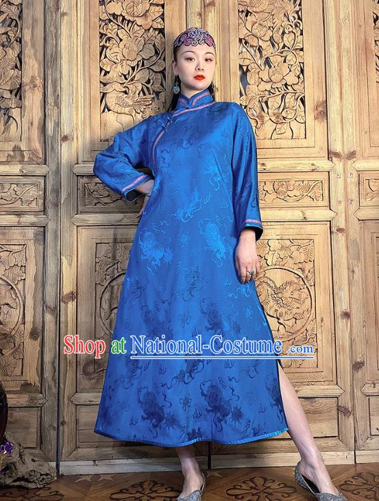 China National Women Clothing Classical Loose Cheongsam Traditional Deep Blue Silk Qipao Dress