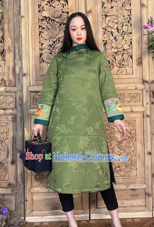 Chinese Embroidery Green Silk Long Gown Traditional Tang Suit Outer Garment Dust Coat