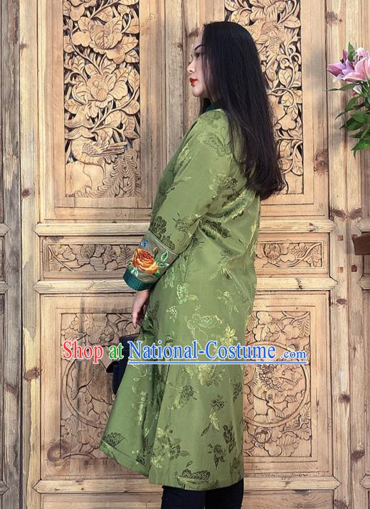 Chinese Embroidery Green Silk Long Gown Traditional Tang Suit Outer Garment Dust Coat