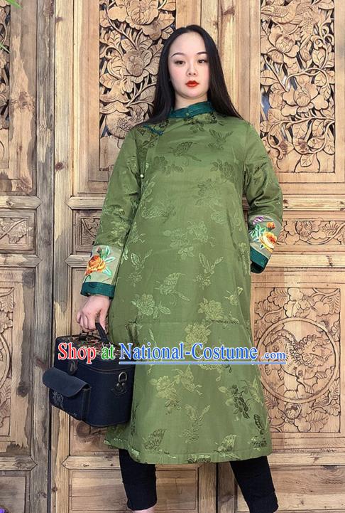 Chinese Embroidery Green Silk Long Gown Traditional Tang Suit Outer Garment Dust Coat