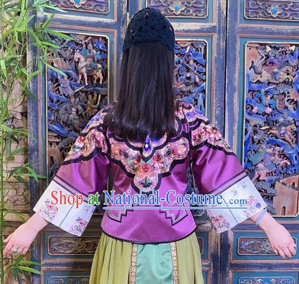 Chinese National Tang Suit Outer Garment Traditional Embroidered Purple Silk Jacket