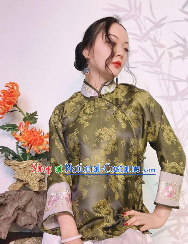 Chinese National Embroidered Olive Green Silk Blouse Traditional Cheongsam Shirt Upper Outer Garment