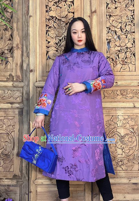 Chinese Traditional Tang Suit Outer Garment Dust Coat Embroidery Purple Silk Long Gown