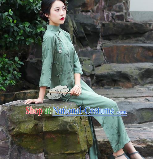 China Traditional Cheongsam Classical Bamboo Leaf Pattern Green Silk Qipao Dress