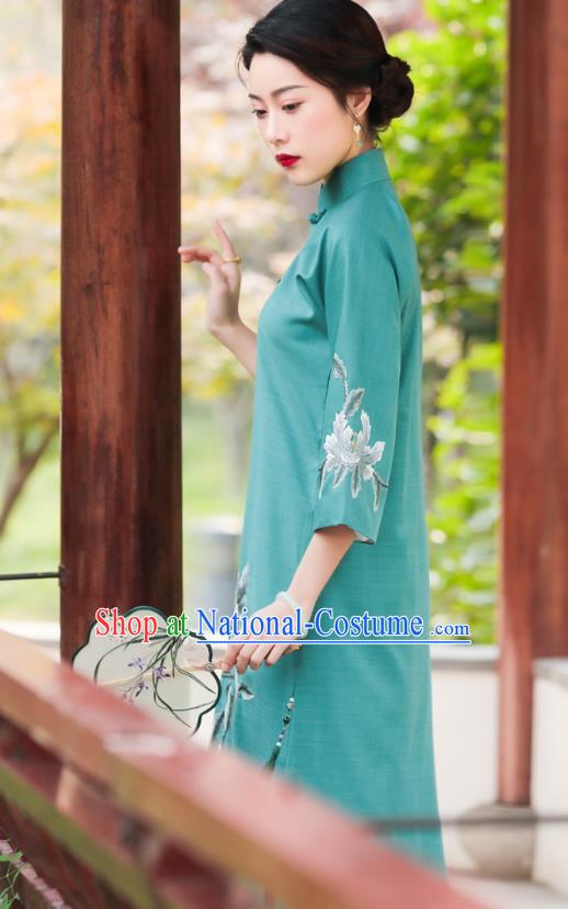 China National Clothing Traditional Cheongsam Classical Embroidered Peony Green Qipao Dress