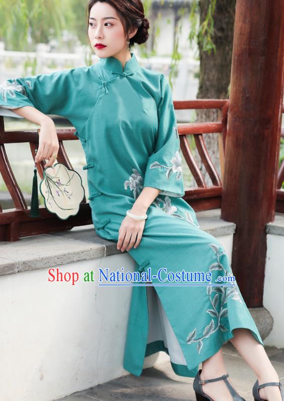 China National Clothing Traditional Cheongsam Classical Embroidered Peony Green Qipao Dress