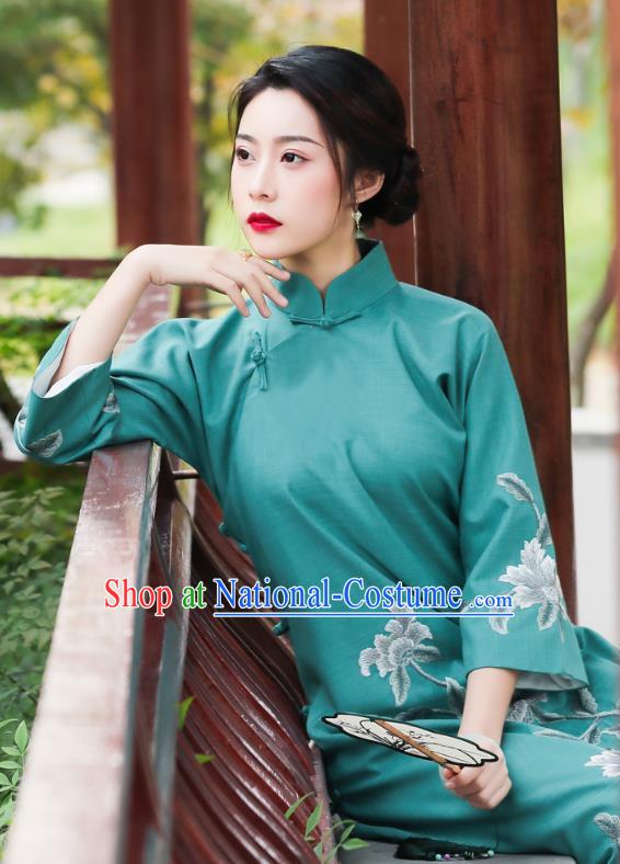 China National Clothing Traditional Cheongsam Classical Embroidered Peony Green Qipao Dress