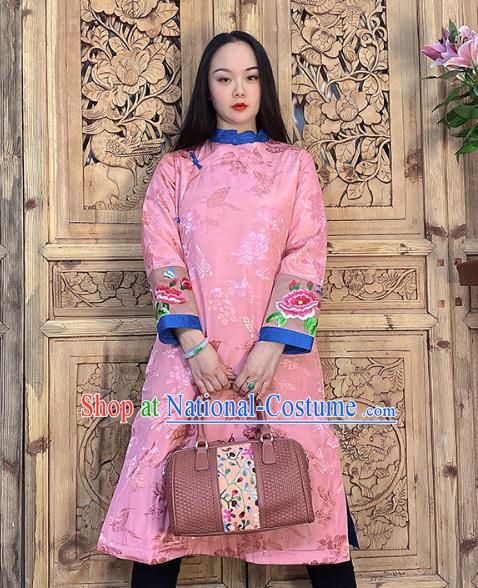 Chinese Woman Dust Coat Embroidery Pink Silk Long Gown Traditional Tang Suit Outer Garment