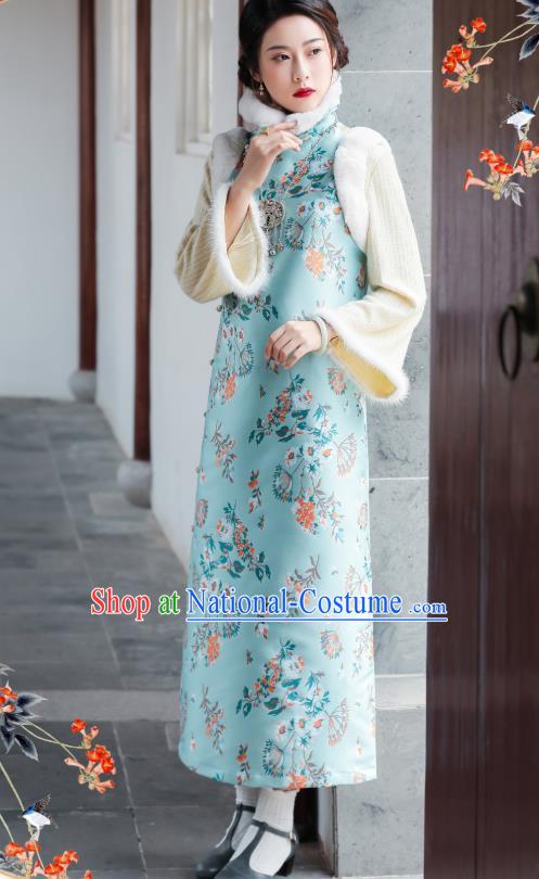 China National Winter Clothing Traditional Light Blue Cheongsam Classical Printing Qipao Dress