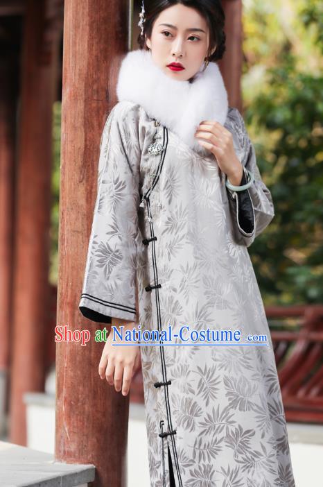 China Classical Grey Silk Qipao Dress National Winter Clothing Traditional Young Mistress Cheongsam