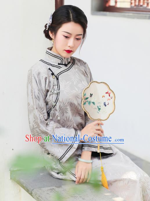 China Classical Grey Silk Qipao Dress National Winter Clothing Traditional Young Mistress Cheongsam