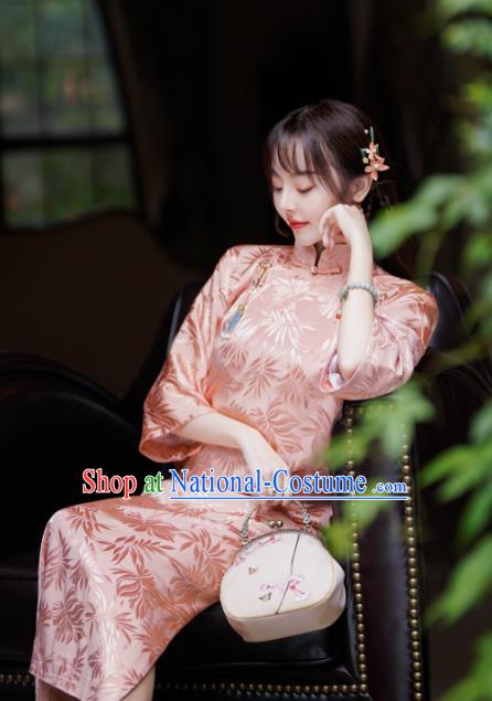 China Traditional Pink Silk Cheongsam Classical Stand Collar Qipao Dress National Young Lady Clothing