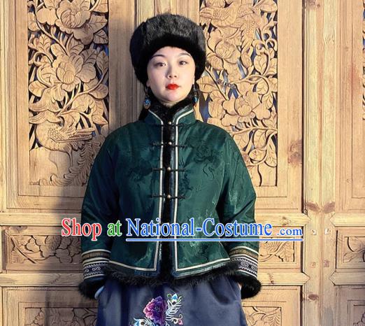 Chinese Green Silk Cotton Wadded Jacket Traditional Tang Suit Overcoat Woman Embroidered Short Coat