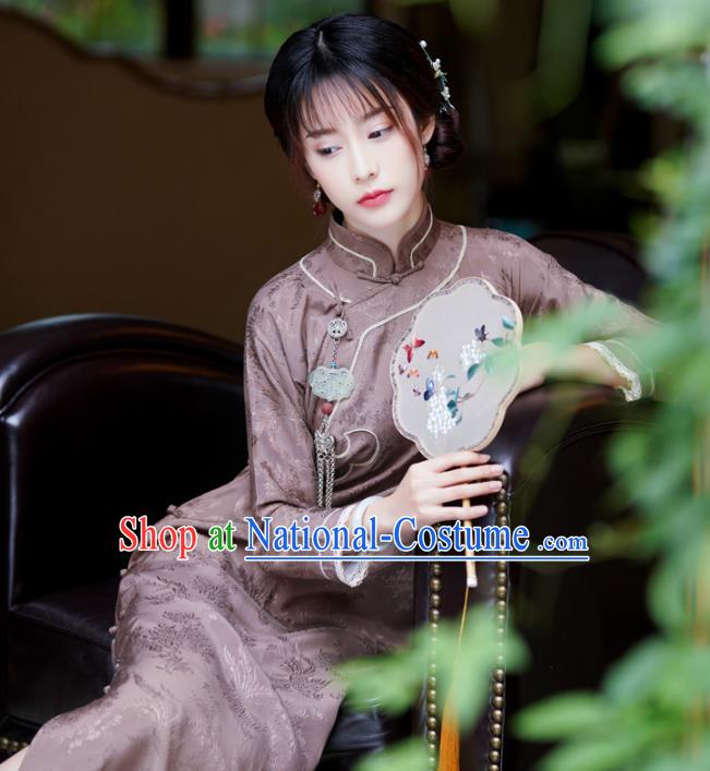 Republic of China Traditional Stand Collar Qipao Dress Classical Clothing Brown Silk Cheongsam