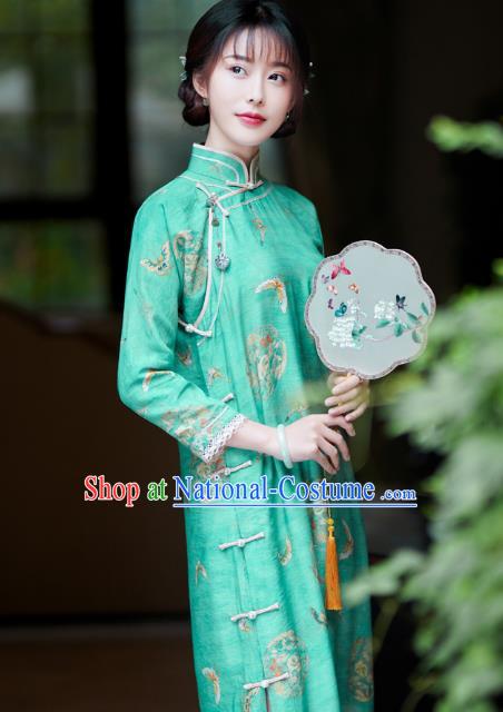 Republic of China Traditional Printing Green Qipao Dress Classical Clothing Rich Lady Cheongsam