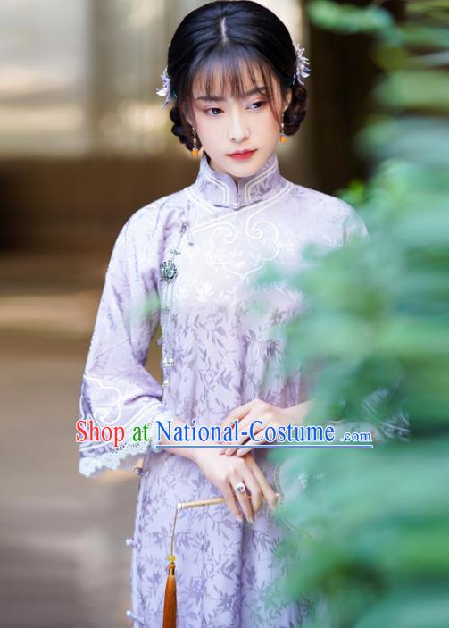 Republic of China Classical Clothing Rich Lady Cheongsam Traditional Purple Silk Qipao Dress