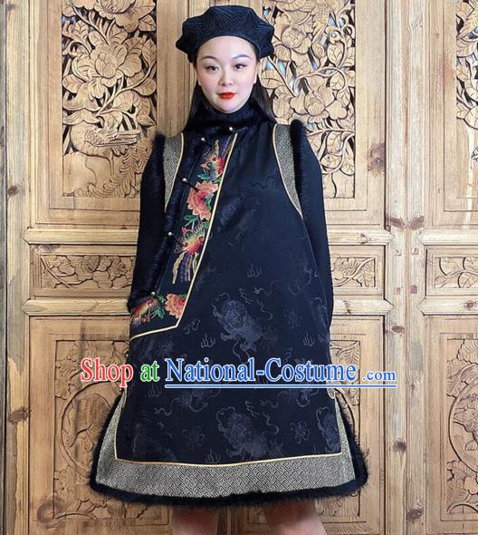 Chinese Cotton Wadded Waistcoat Traditional Tang Suit Clothing Woman Embroidered Black Silk Long Vest