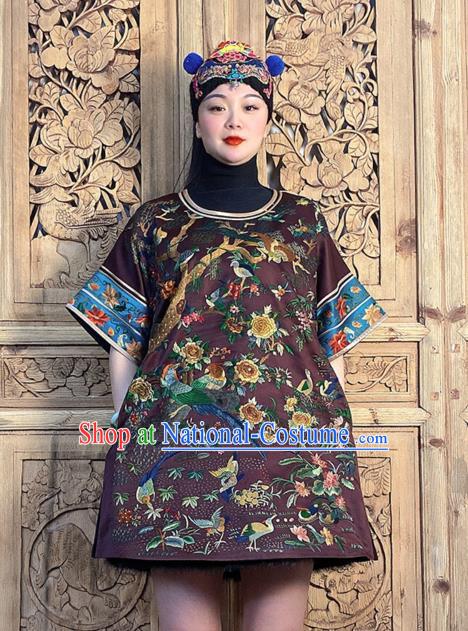 China National Ethnic Clothing Traditional Embroidered Flowers Bird Dark Purple Silk Dress