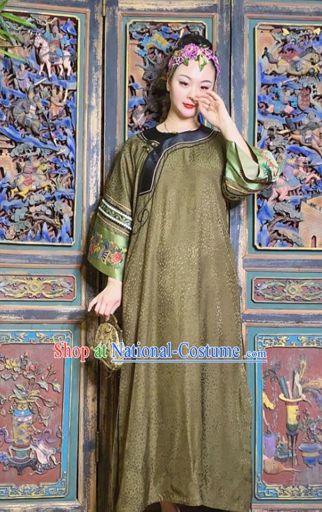 China Loose Cheongsam Hand Embroidered Olive Green Silk Qipao Dress National Women Costume