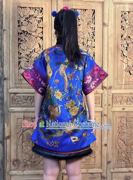 China Traditional Embroidered Flowers Bird Royalblue Silk Dress National Ethnic Clothing