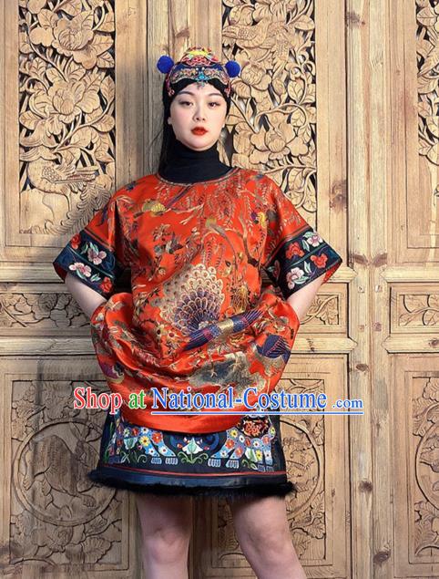 China Embroidered Red Silk Short Dress National Ethnic Girl Costume