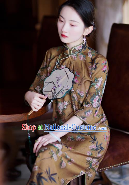 Republic of China Traditional Printing Flowers Deep Brown Qipao Dress Classical Young Beauty Cheongsam